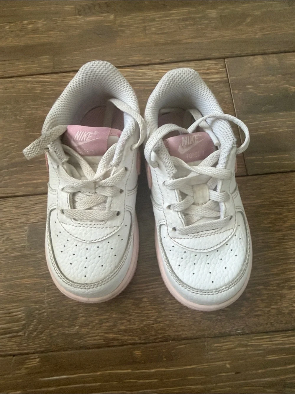Nike Kids White and Light Pink Leather Air Force One Sneakers